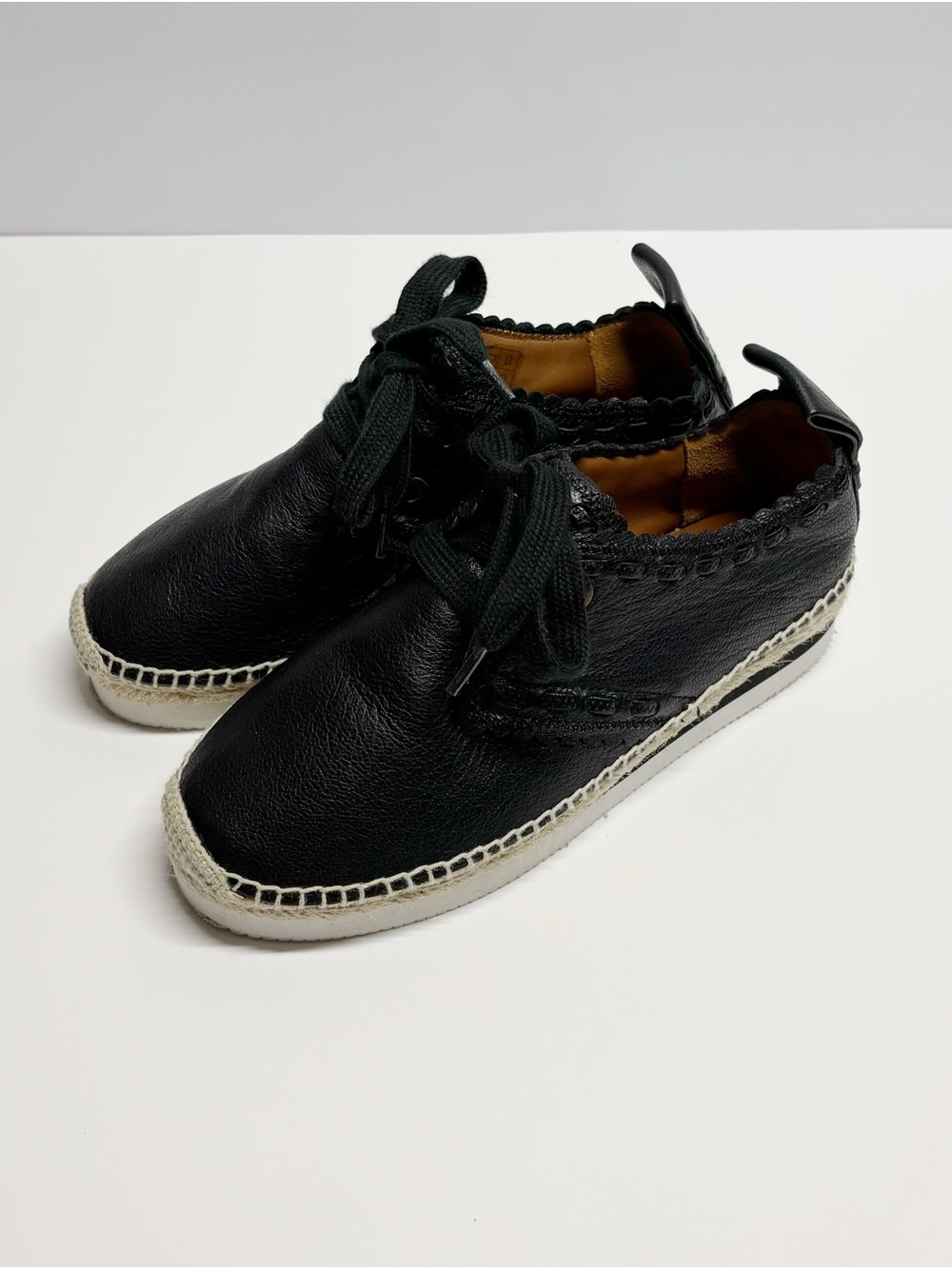 See By Chloe Black Leather Lace-Up Espadrille Sneakers